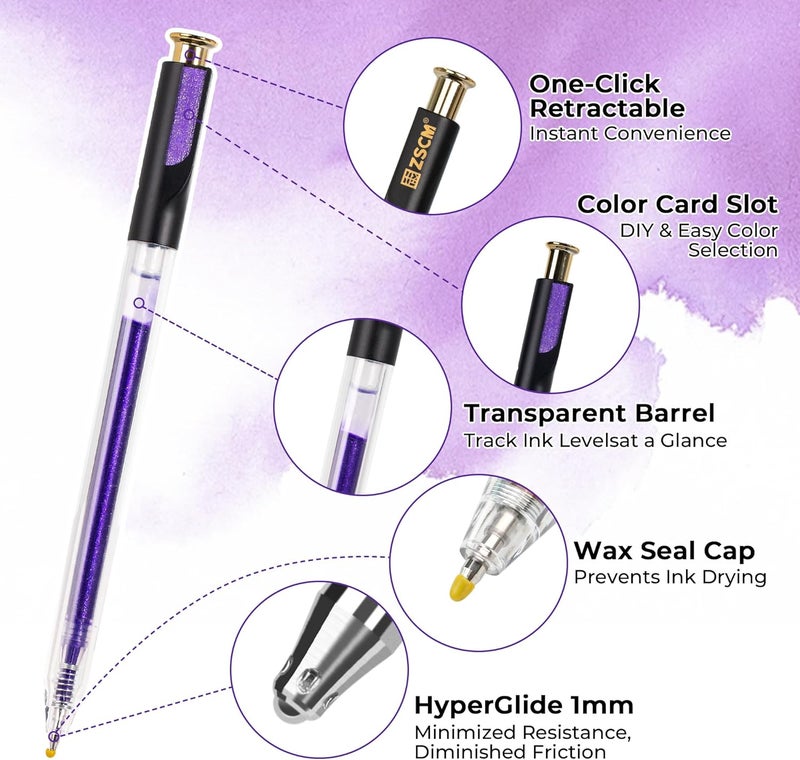 ZSCM Retractable Glitter Gel Pens, 12 Colors Large Capacity Purple Glitter Metallic Gel Ink Pens, 1 mm Fine Point Smooth Writing Color Pens for Adult Coloring Book Note Taking Aesthetic Art Supplies - Image 2